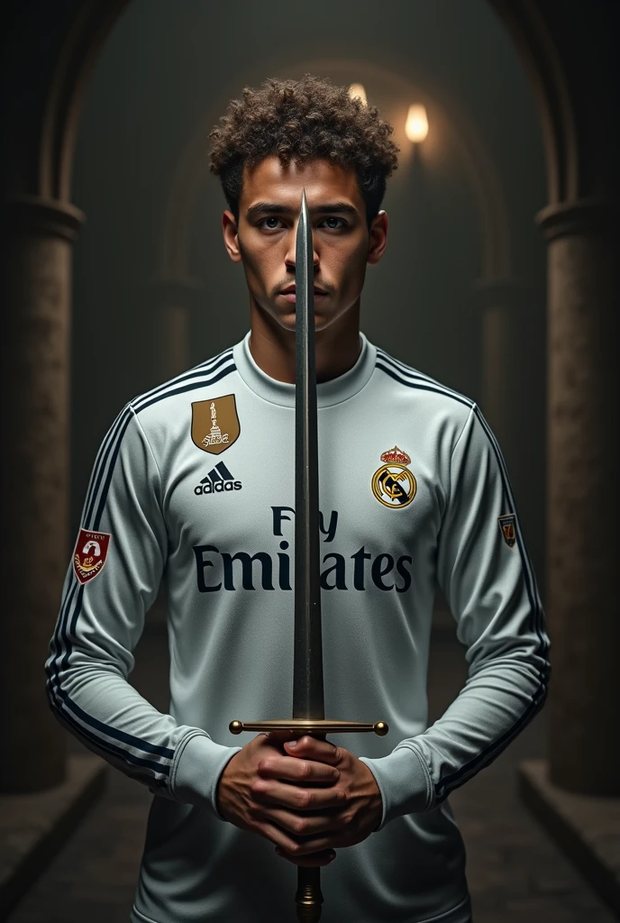 Real Madrid player named Oscar Cristaldo who wears number 7, long sleeve,
Silver and short curly being shown to his new hobby, a young realistic sword player with the number 7 and the name cristaldo