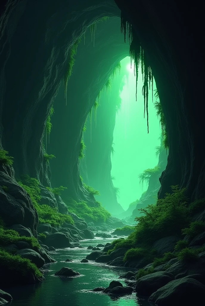 a dark cave seen from outside where everything is green and illuminated