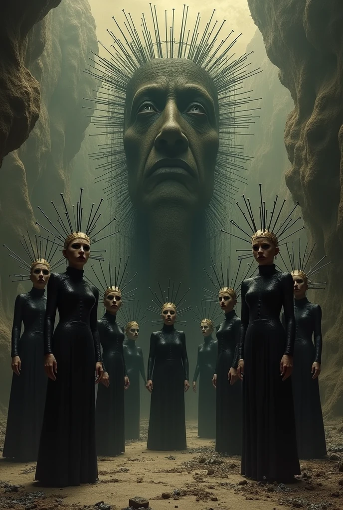 (Very old photograph only in sepia color), ((in full shot), (low-angle ground view,) a ((large LeMarchand Cube Puzzle as the central figure from the movie Hellraiser, surrounded by cenobitic female characters, black lipstick, scream and anger)), (black eyeball), symmetrical cut on the face, (dozens of nails in the head, frightened, horrified, terrified, insane, disgusting, disturbing, disturbing, Impactful, vintage, old film, (painting and surreal landscape (inspired by Zdzislaw Beksinski and Wayne Barlowe), director Fritz Lang credits, science fiction, dynamic composition, gritty textures, shadows and highlights, bright costumes, excitement and adrenaline, cosmic horror influences , sinister composition, macabre atmosphere, high contrast, deep shadows, mysterious atmosphere, vintage film grain effect, horror elements, retro film noir aesthetic, monochromatic color scheme, elements of suspense and mystery, of the mind Creative by Fritz Lang, eye-catching visuals, innovative visual effects, gripping plot, thrilling horror with a twist. photorealistic, cinematic film, Ultra detailed, RAW photo, cinematic, artstation style, concept art, masterpiece, 8k, black and white, realistic textures, 3D rendering