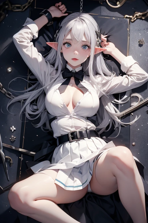 Elf, Silver Hair, In the torture chamber, Lying on a bed and crucified, school uniform, White shirt, skirt, Open your mouth, Raise your hands above your head, Crying face, Small breasts, Bound with big black handcuffs, Spread your legs