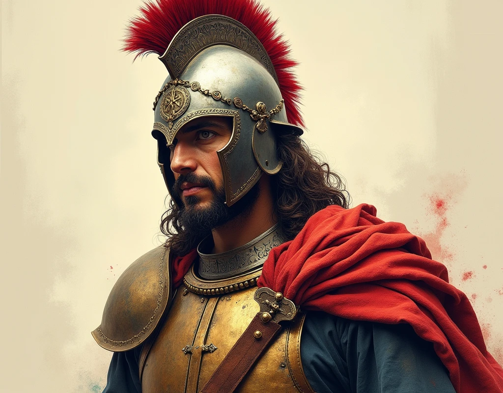 A full-body Spanish conquistador from the past but with the face of Jesus of Te Chosen who also has the typical Spanish medieval metal helmet. The image that has a drawing style