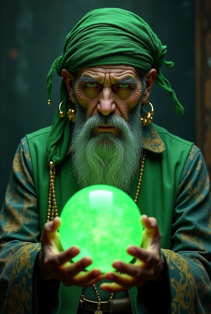 Mystical Gypsy Man, with a green scarf on her head, gold hoop earring, magie, with crystal ball, drawing on the face, avatar, green aura, green vests, black backdrop,
