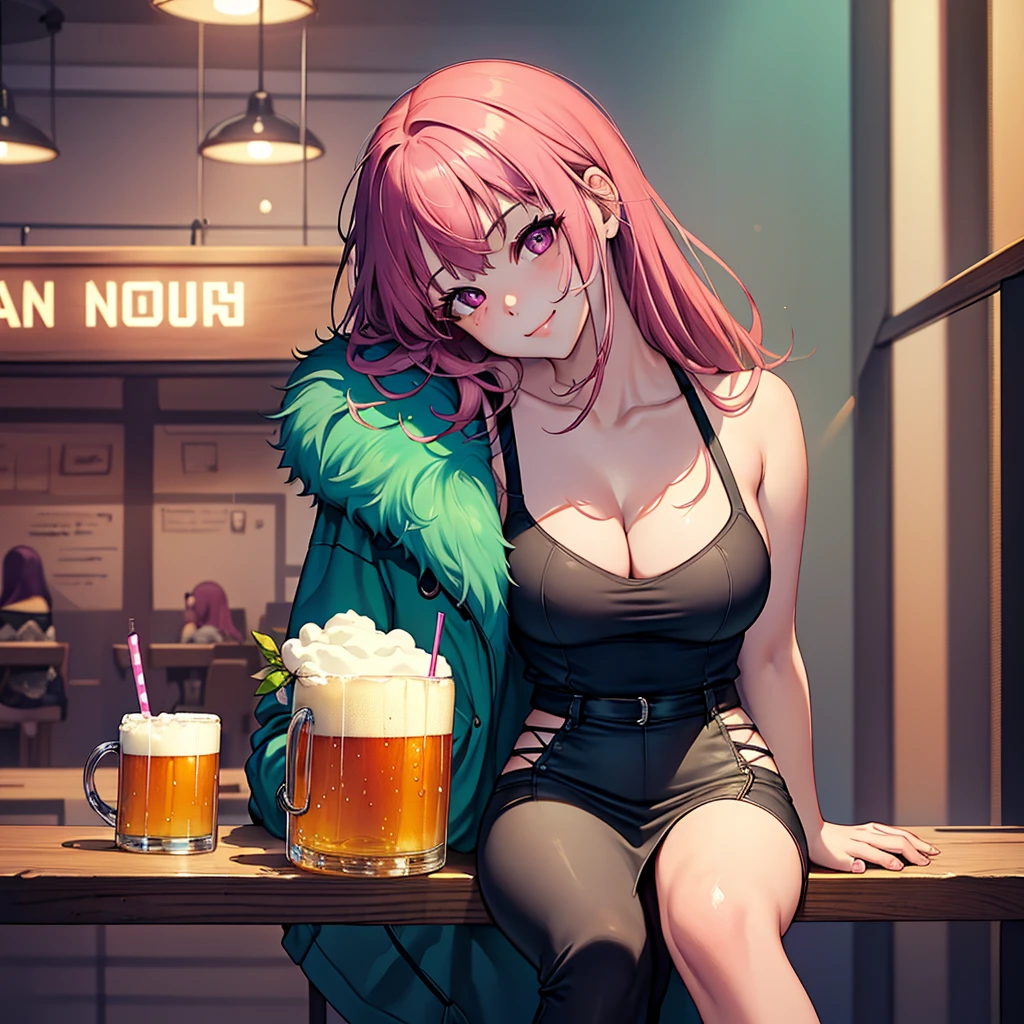 masterpiece, best quality, ((3 girls)), ((multiple women)), ((sitting beside girls)), sitting, ((club background)), pink hair, knowing look, smile, sultry eyes, trendy outfit, ((directly across from viewer)), ((table in front)), table, mug, beer, ((booth seating))