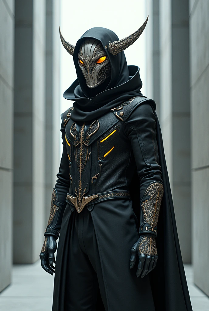 A man wearing an exotic mask and wearing technological clothing