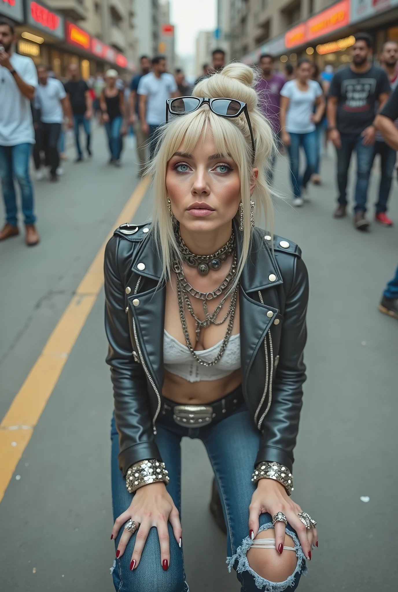russian old milf woman, blonde platinum hair (beehive bun) and oversized square sunglasses as headband), with very light blue eyes, extremely pale. Wearing studded cropped black moto jacket (skull embroidered on the sleeve), dark red satin push up bra, dark skinny low rise blue jeans with patched holes on knees . Lots of thick wide studded bracelets, chain collars and big rings. Tacky wide studded leather belt with big eagle oval buckle. Long earrings with chains. Kneeling, craving for the ice cream of the photographer. Hands down touching the ground, showing off bracelets and rings. Looking at the camera, Toned abdominals, thin neck, slim legs and thin arms. Narrow hips. Crowded street of Saudi Arabia