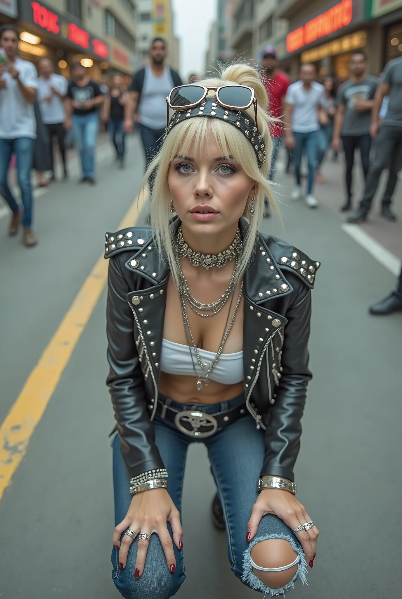 russian old milf woman, blonde platinum hair (beehive bun) and oversized square sunglasses as headband), with very light blue eyes, extremely pale. Wearing studded cropped black moto jacket (skull embroidered on the sleeve), dark red satin push up bra, dark skinny low rise blue jeans with patched holes on knees . Lots of thick wide studded  bracelets, chain collars and big rings. Tacky wide studded leather belt with big eagle oval buckle. Long earrings with chains. Kneeling, craving for the ice cream of the photographer. Hands down touching the ground, showing off bracelets and rings. Looking at the camera, Toned abdominals, thin neck, slim legs and thin arms. Narrow hips. Crowded street of Saudi Arabia