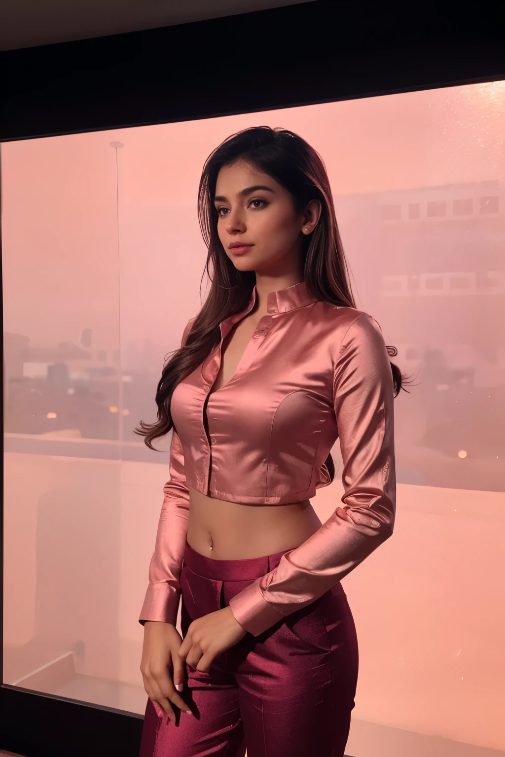 An indian Instagram model, wearing a maroon gold satin shirt and pants in a elegant looks, d size, elegant pose, in a pink background, rim light, warm lights, smoke, long glazing hair