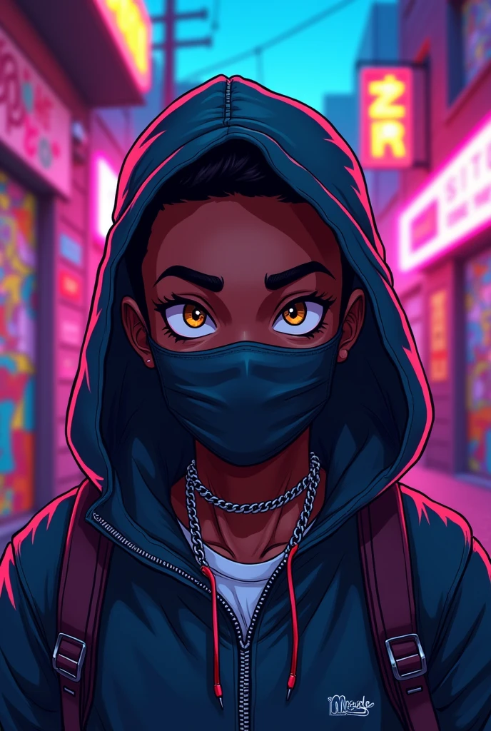 Make a light-skinned black character wearing a mask covering the mouth but not covering the eyes, cartoon style with a trap album cover theme