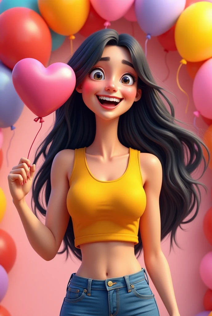 I want an advertising design of an adult woman with black hair, happy, showing only the torso of her body in the form of a realistic cartoon with a heart-shaped balloon in her right hand and next to it a large arch of balloons surrounding her