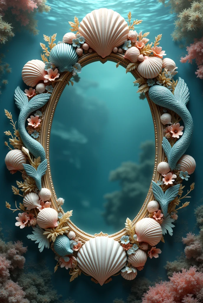 Oval mirror decorated with seashells and mermaid tails