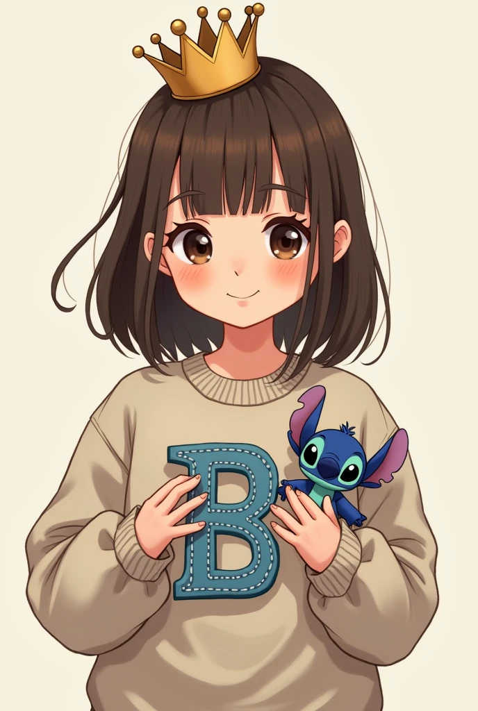 Girl with straight hair on her shoulder, brown in a sweatshirt, holding the Stitch and the letter B on her clothes, a crown on her head
