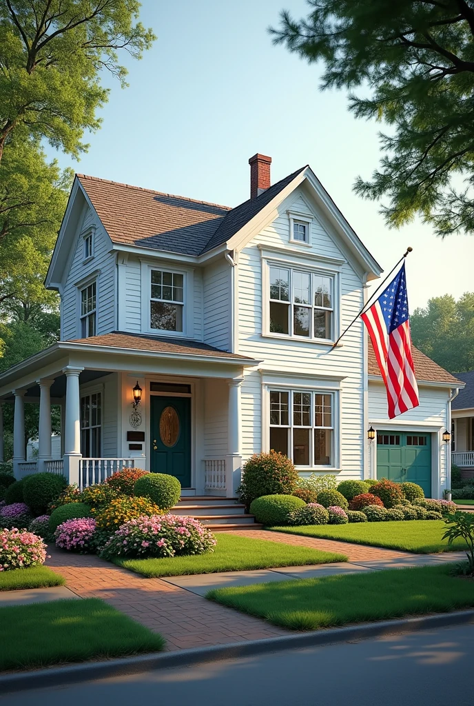Traditional American house, white, US flag, garden, flowers, light, realistic.