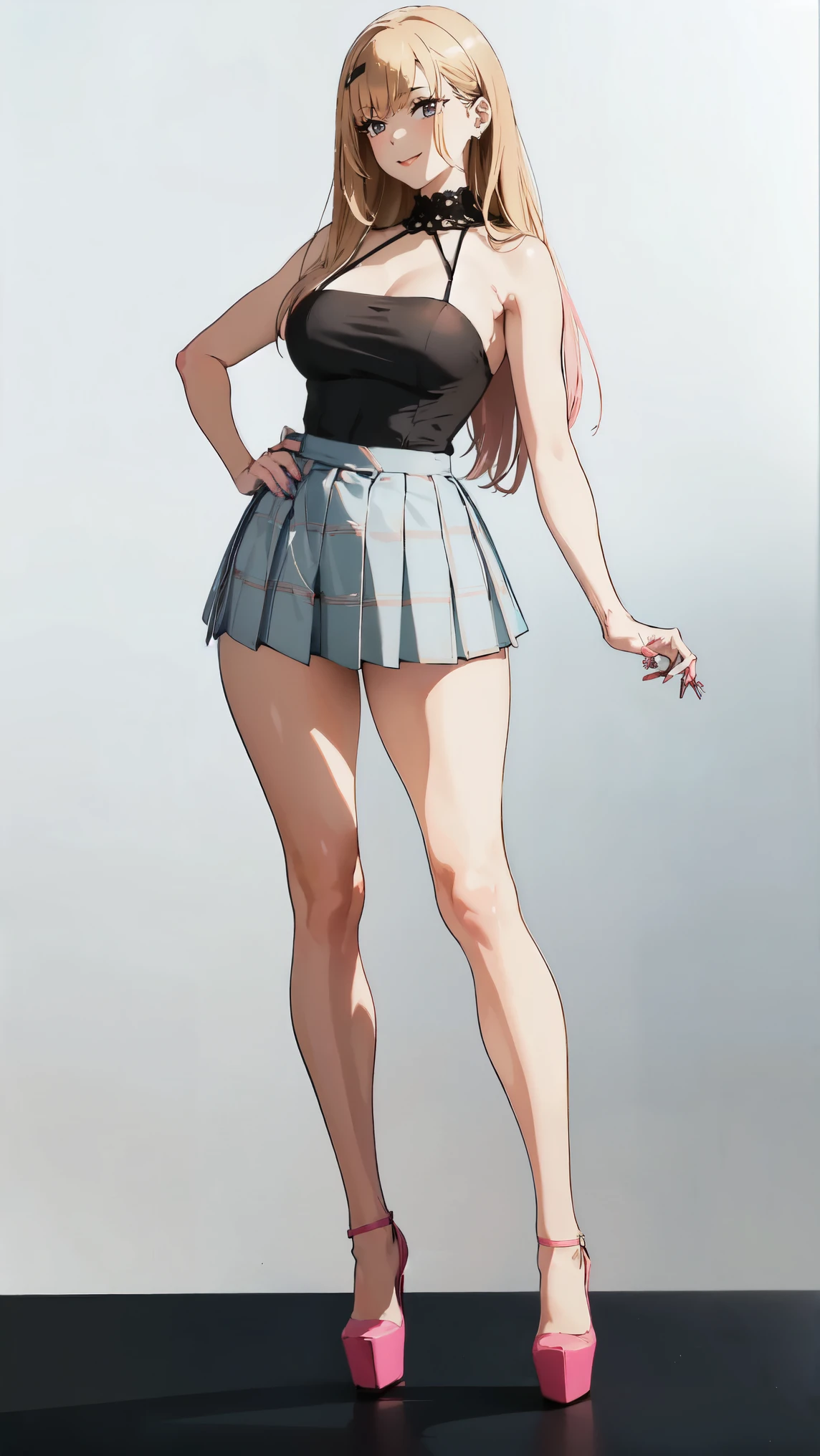 ((masterpiece, high resolution, better quality, better details)), ((Marin Kitagawa)), ((Smiling)), ((one girl)) a girl modeling standing, (((mini skirt)), pelvic_curtain, blouse, ((big neckline)), ((platform high heels)), pink eyes with black outline, (light blonde hair, straight hair, straight bangs, long hair)), long nails, pink nails, (((curvy body))), shiny skin, ((side view)), solo, bare shoulders, full body, focus full body, high heels, ((White background)),