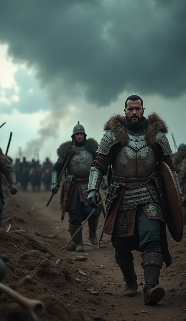 **Photo Scene Prompt for SeaArt.AI with Technical Details: Captured with a Canon EOS 5D Mark IV**

*Scene Setup:* The scene is set on a vast and rugged battlefield, with dark, ominous storm clouds overhead. The terrain is harsh, scattered with the remnants of war—broken weapons, shields, and fallen soldiers. The shot is composed to highlight the raw intensity of battle, with Genghis Khan’s sons-in-law prominently positioned at the front lines, fully immersed in the chaos.

*Lens and Focus Settings:* Using a Canon EOS 5D Mark IV with a 24-70mm f/2.8 lens, the focus is sharp on the sons-in-law, capturing every detail of their determined expressions and battle-worn armor. The background is slightly blurred (using a wide aperture of f/2.8) to emphasize depth and keep the attention on the central figures, while still showing the surrounding battlefield action.

*Character Details:* The sons-in-law are captured in mid-action, their traditional Mongol armor detailed with weathered textures, dents, and fur accents. Their faces are set with intense focus, reflecting the high-stakes nature of the conflict. The camera captures the intricate details of their armor, the strain in their muscles, and the raw emotion in their eyes.

*Lighting and Mood:* The lighting is dramatic, with high contrast provided by the natural light filtering through the storm clouds. The Canon EOS 5D Mark IV's dynamic range captures the stark differences between the bright flashes of lightning and the deep shadows of the battlefield. The mood is one of intense struggle, with the lighting enhancing the urgency and danger of the scene.

*Background Elements:* In the background, the battlefield stretches out, filled with clashing soldiers, rearing horses, and rising smoke. The Canon’s high-resolution sensor captures the fine details in the distance, from the texture of the muddy ground to the chaotic movement of the troops, adding to the realism of the scene.

*Action Details:* The image is rich with movem
