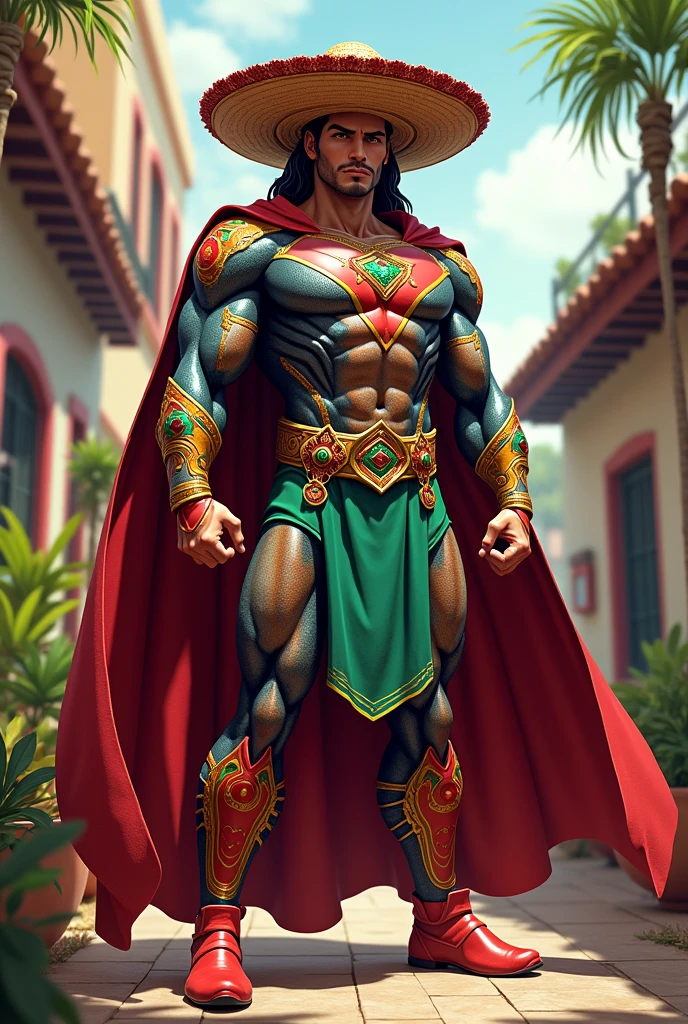 Make a super hero man costume with mojarras and topenes