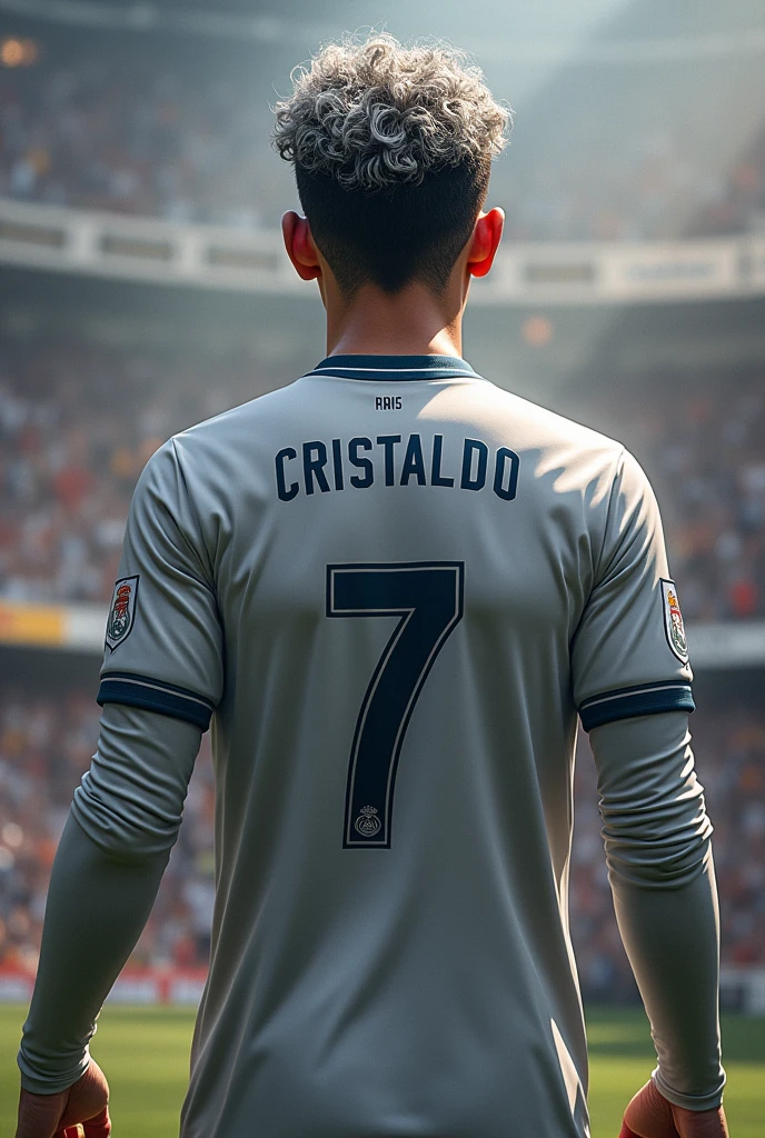 Real Madrid player named Oscar Cristaldo who wears number 7, long sleeve,
Silver and short curly being shown to his new fans, a young realistic player with his back to the number 7 and named Cristaldo