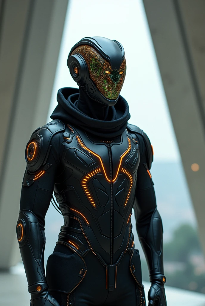 A man wearing an exotic mask and wearing technological clothing
