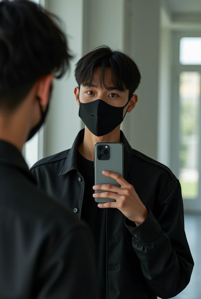 Create a photo of a young Brazilian man taking a photo with a Poco X6 Pro cell phone in front of the mirror wearing a black outfit and a Nike mask covering his face with straight black hair 