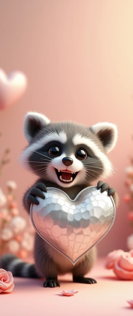 A delightful, 3D rendered illustration of an adorable baby raccoon, or 'kawai', with its fluffy fur and cute little face. The raccoon is playfully growling, displaying its tiny sharp teeth. In the center of the image is a large, shiny, silver heart made entirely of hexagon shapes, symbolizing the raccoon's affection. The background is a soft, pastel color palette, creating a whimsical and charming atmosphere., 3d render