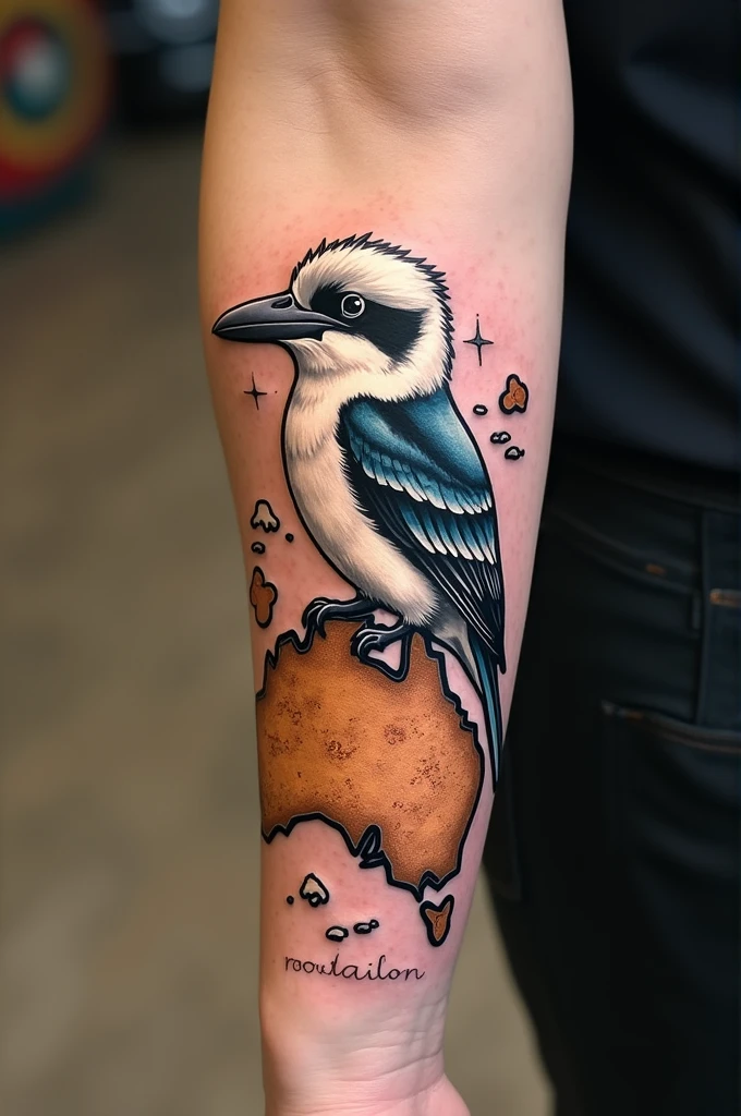 Tattoo with a kookaburra and a map on the forearm
