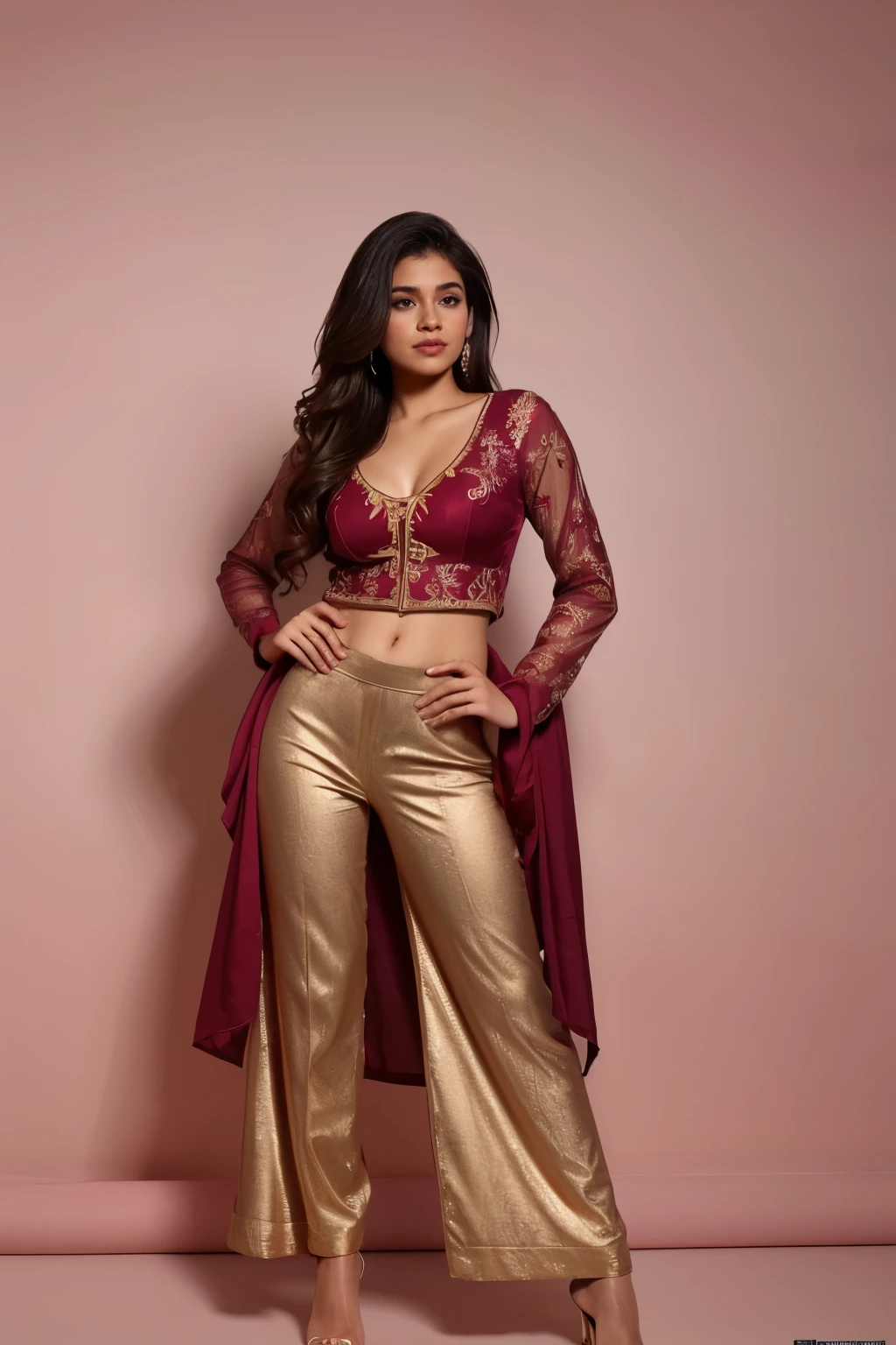 An indian Instagram model, wearing a maroon gold satin shirt and pants in a elegant looks, d size, elegant pose, in a pink background, rim light, warm lights, smoke, long glazing hair