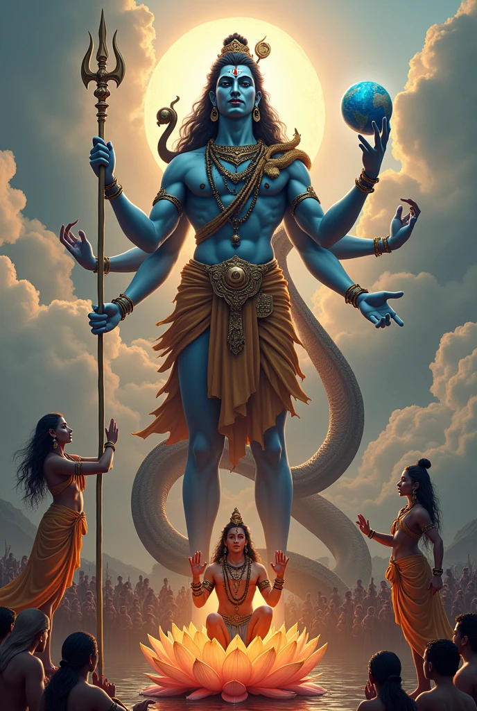 Shankar Bhagwan&#39;s length from earth to interior is 10 hands, Trishul in one hand, Earth in one hand, Mangal planet in one hand, Surya Dev in other hand, Shankar Bhagwan taking out a huge snake from his neck, Shankar Bhagwan&#39;s third eye is open, Vishnu Bhagwan standing on Sheshnag and shining, touching his lap, Brahma Ji sitting on lotus flower, saluting Shankar Bhagwan with folded hands, 10000 gods standing touching the lap of Shankar Bhagwan