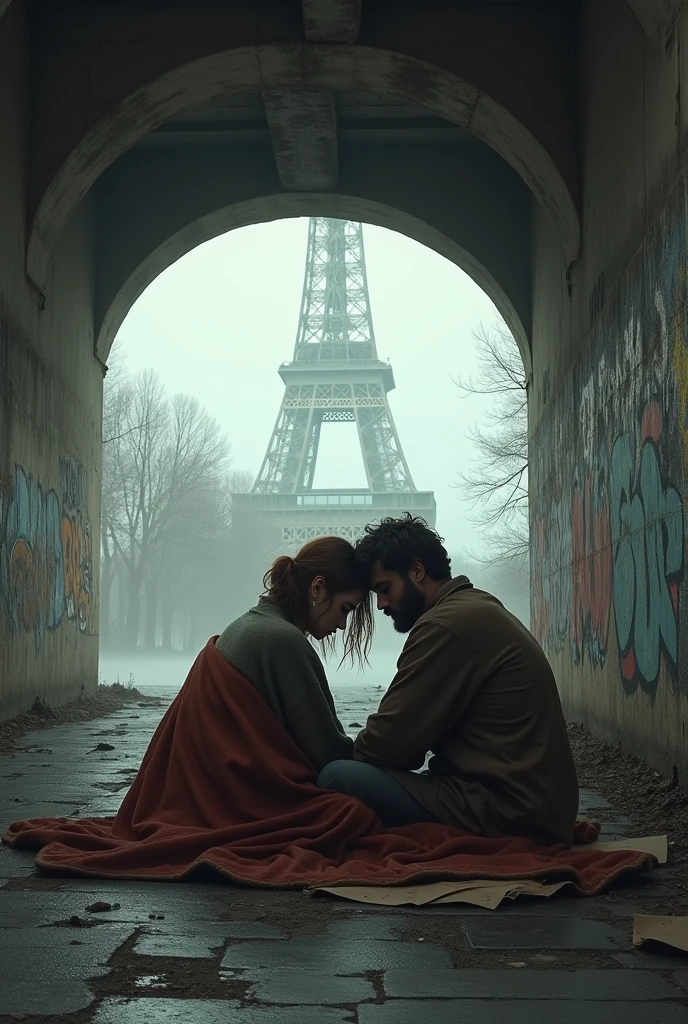 Sad couple, with a short brown hair bearded man and his beautiful girlfriend with chestnut hair, sitting like tramps with damaged blankets on old cardboards under a dirty bridge in Paris near the Eiffel tower