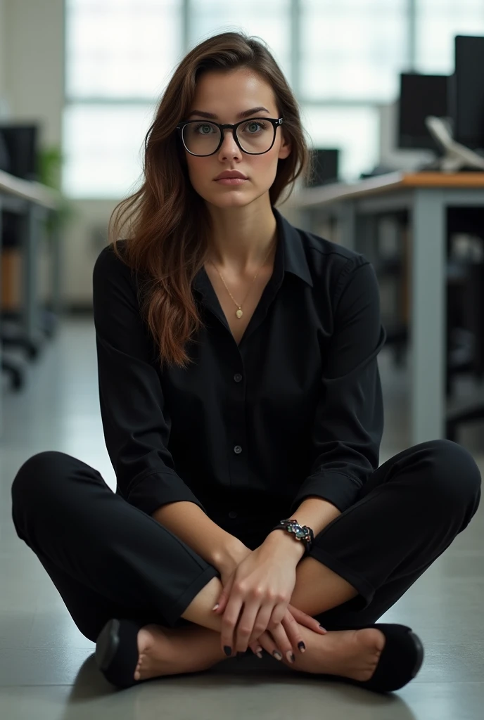 Woman sitting on the floor of an office, with black blouse and black pants, showing the soles of her flats, Sitting in front, He wears glasses and has brown hair , looking straight ahead