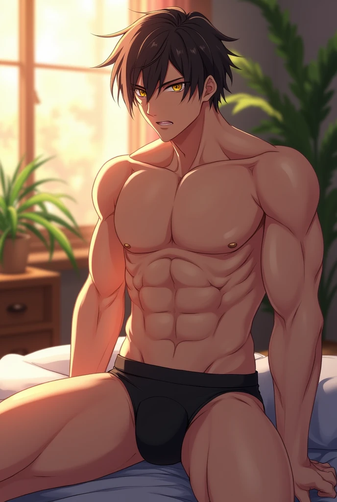 Handsome man, sitting on bed, short straight hair, indoors, soft lighting, plants in background, window with sunlight, cozy room, anime, looking at camera , intricate details, warm colors, jockstrap, no pants, no shirt, abs, bulging underwear, bulging crotch