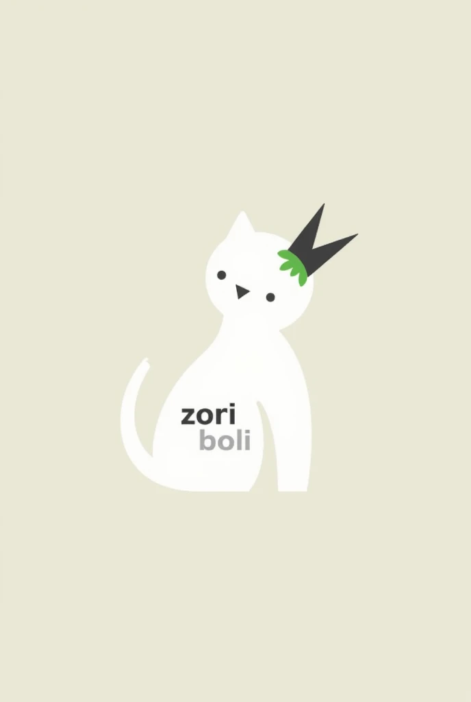 A logo of a cat that has two pointed lines on the edges and is white and has a small green hair and says zori maoli