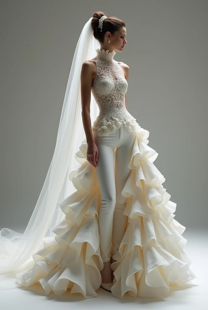 Drawing of a wedding dress that is a tight-fitting pair of pants but that has a very flared dress at the back and a crinoline that is held at the waist.. In addition to a huge bridal veil and a high neck with lace and sleeveless top, full of ruffles. 