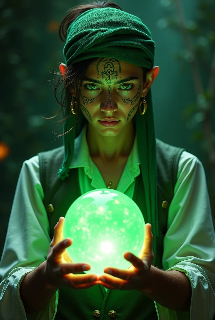 Young mystical gypsy man, with a green scarf on her head, gold hoop earring, magie, with crystal ball, drawing on the face, avatar, green aura, green vests, black backdrop,