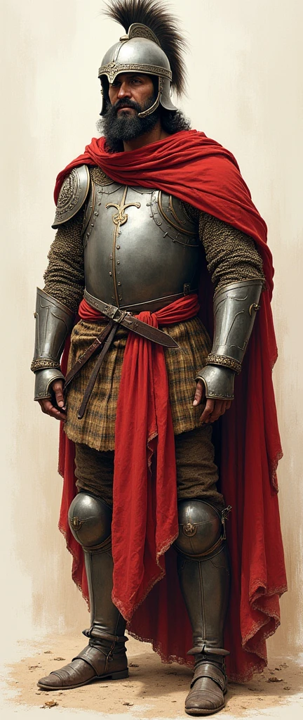 A full-body Spanish conquistador from the past but with the face of Jesus of Te Chosen who also has the typical Spanish medieval metal helmet. The image that has a drawing style