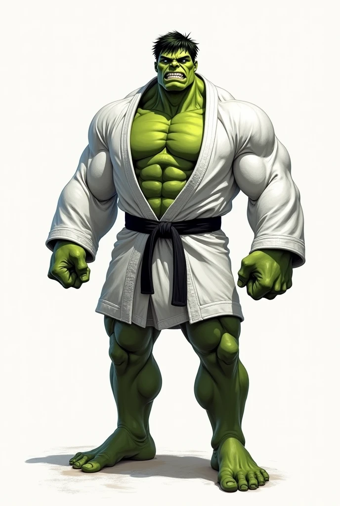 HULK WITH THE GREEN BODY, dressed in a WHITE LONG ARMS JIU JITSU KIMONO , non-kimono features,  black Belt, GIANT MUSCULAR, fully body, drawing style, logotype