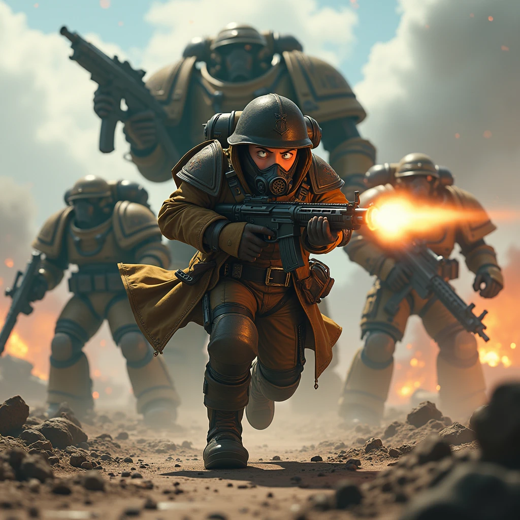 Anime guy. Dressed like an ordinary guardsman of the Krieg corps from Warhammer 40,000, he runs with horror on his face shooting at enemies, space marines around him. 3D pixar style