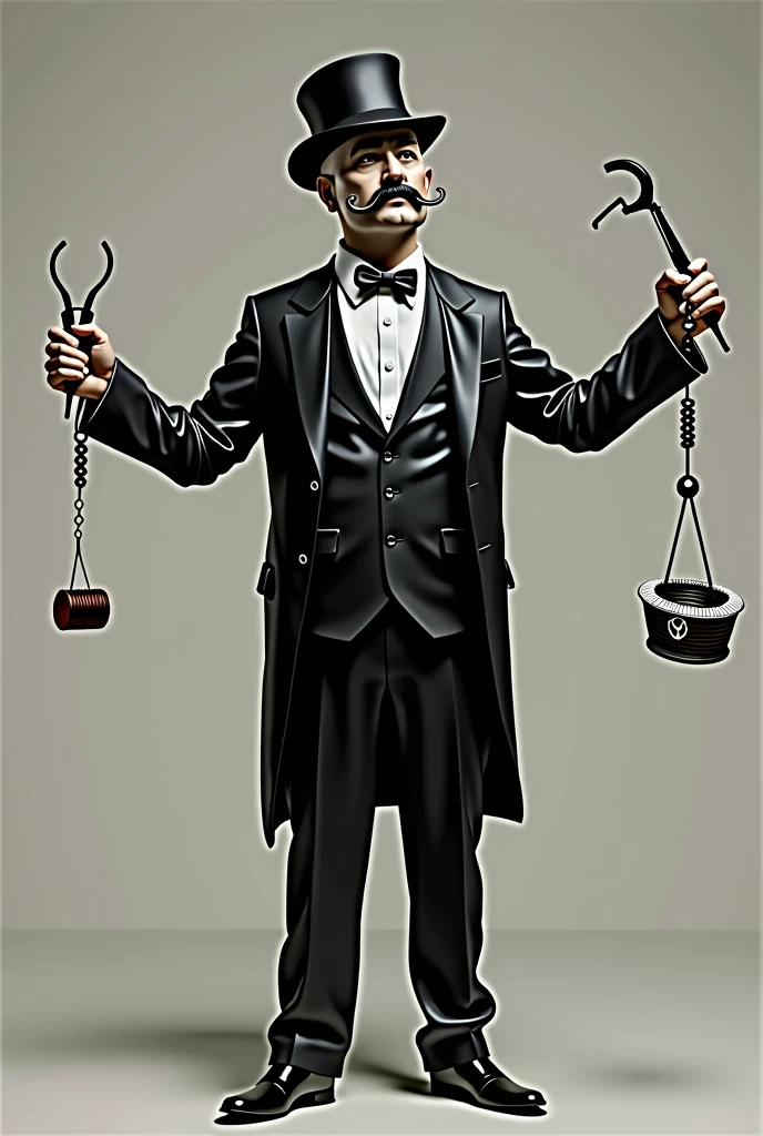 man in black suit, bow tie bowler hat , thin mustache, small metal basket hanging from his right index finger, a medical forceps in the left hand, arms wide open, and raised at 45 degrees, body turned to the left, head turned to the right