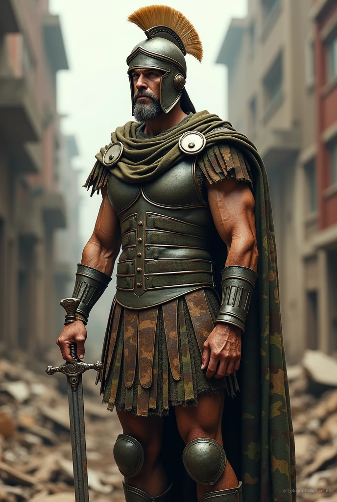  image of a Roman soldier in the 21st century mix the armor of the Roman soldier with a camouflage helmet with a beige crest camouflage vest characteristic uniform of the 21st century military boot camouflage greaves in the Roman style with camouflage cloak