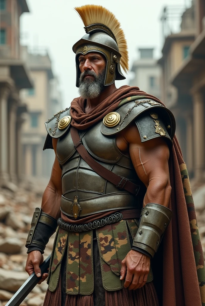 image of a Roman soldier in the 21st century mix the armor of the Roman soldier with a camouflage helmet with a beige crest camouflage vest characteristic uniform of the 21st century military boot camouflage greaves in the Roman style with camouflage cloak