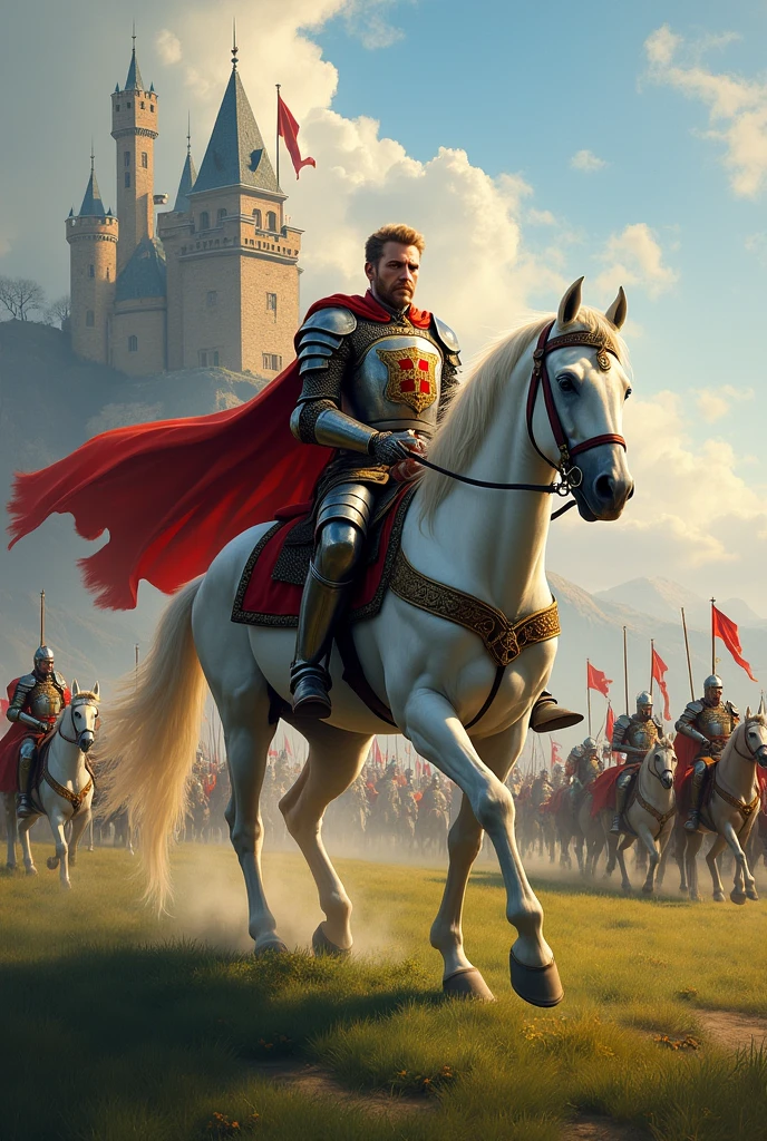 Lord on his white horse with his soldiers behind him and behind him is his castle