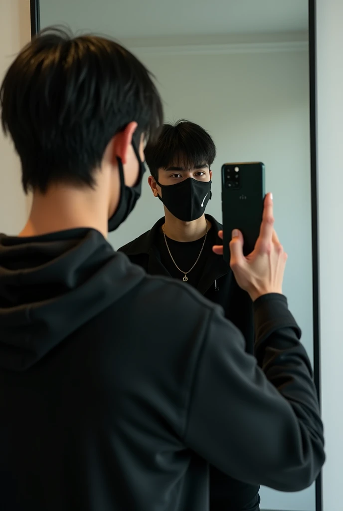 Create a photo of a young Brazilian man taking a photo with a Poco X6 Pro cell phone in front of the mirror wearing a black outfit and a Nike mask covering his face with straight black hair