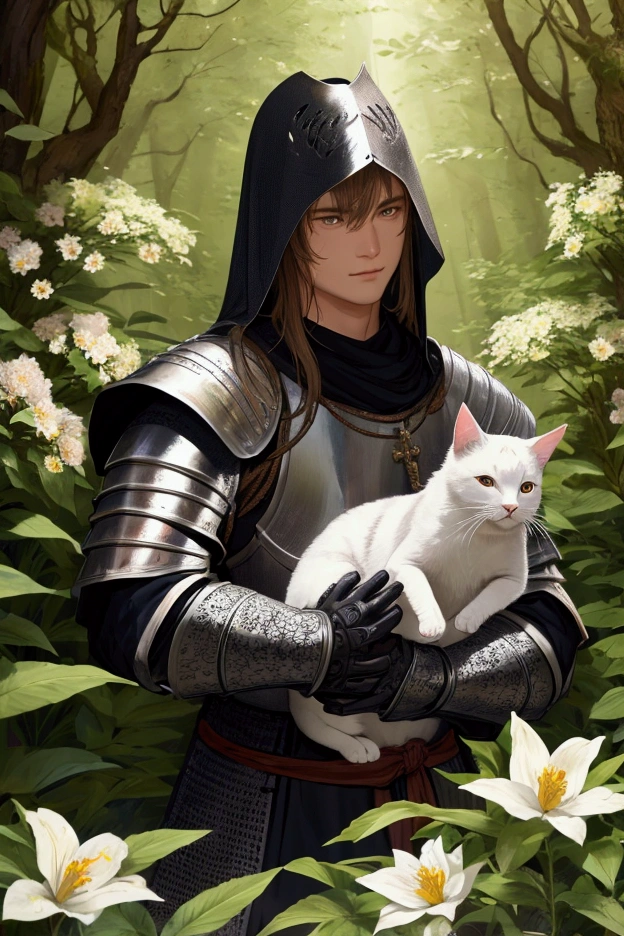 knight in medieval armor holding a cat in a forest with many flowers