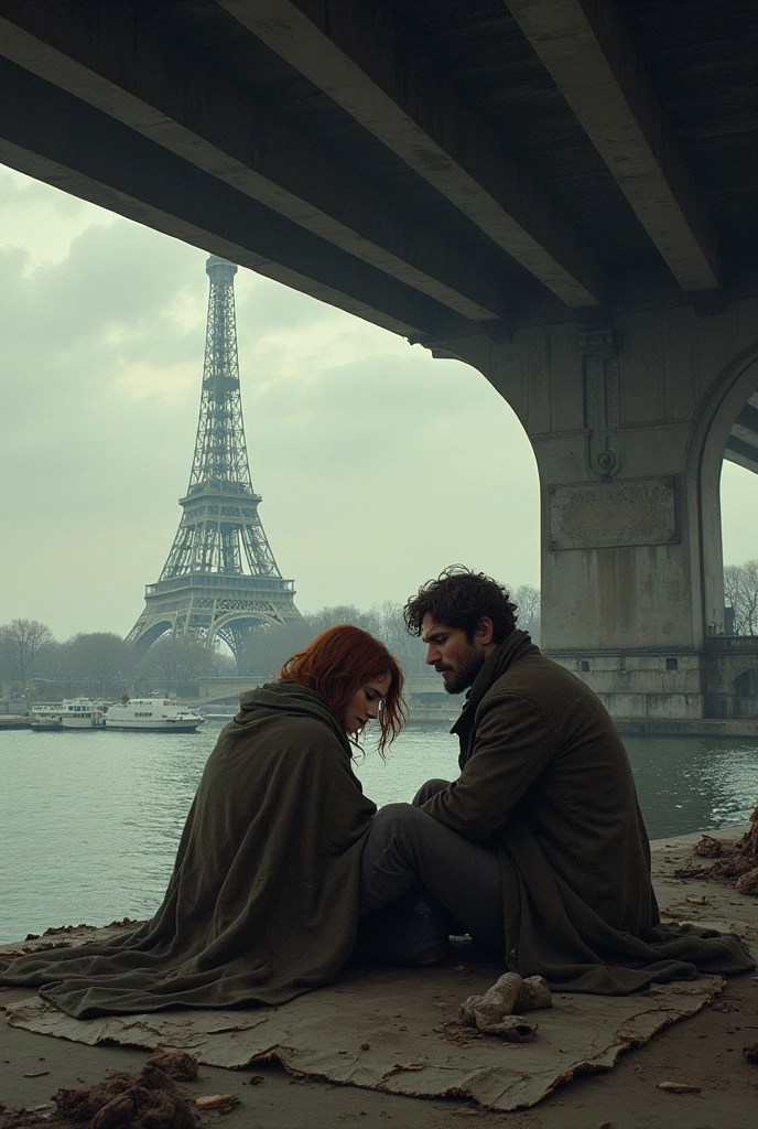 Very sad couple, with a short brown hair bearded man and his beautiful girlfriend with chestnut hair, sitting like tramps with damaged blankets on old cardboards under a dirty bridge in Paris near the Eiffel tower