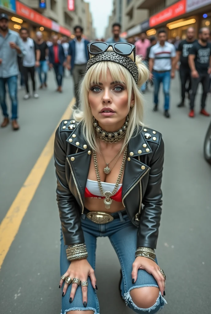 russian old milf woman, blonde platinum hair (beehive bun) and oversized square sunglasses as headband), with very light blue eyes, extremely pale. Wearing studded cropped black moto jacket (skull patches on the sleeves), red satin push up bra, dark skinny low rise blue jeans with patched holes on knees . Lots of thick wide studded bracelets, chain collars and big rings. Tacky wide studded leather belt with big eagle oval buckle. Long earrings with chains. Kneeling, craving for the ice cream of the photographer. Hands down touching the ground, showing off bracelets and rings. Looking at the camera, Toned abdominals, thin neck, slim legs and thin arms. Narrow hips. Crowded street of Saudi Arabia