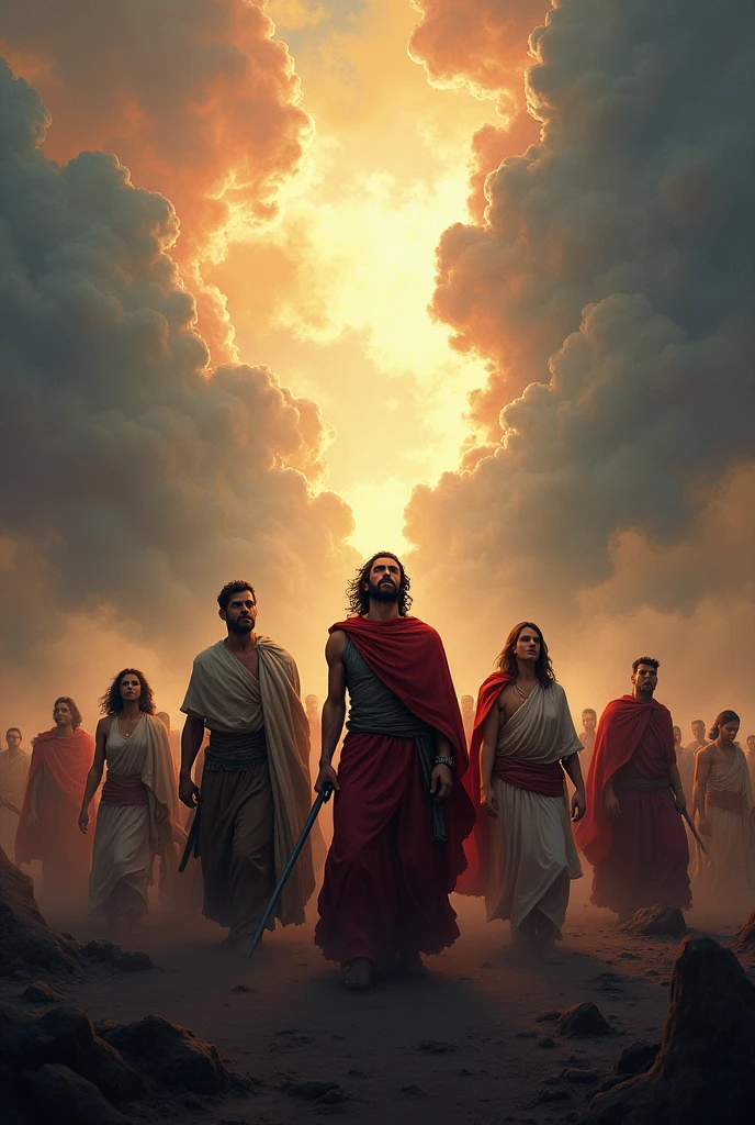 Here is a complete and professional prompt based on the text of 1 Corinthians 16:13:
"Create a powerful image that illustrates the verse from 1 Corinthians 16:13: 'Watch, remain firm in the faith, behave courageously, be strong.'The scene should convey a sense of determination and resilience, showing a group of people united in a challenging environment, like a storm or a symbolic battlefield. The dramatic sky, with divine lights breaking through the clouds, should symbolize guidance and hope. The characters' expressions should reflect vigilance, courage and inner strength, with postures that represent firmness and readiness to face adversity. Visual elements must capture the essence of the biblical text, integrating themes of faith and spirituality in a visually striking way."
