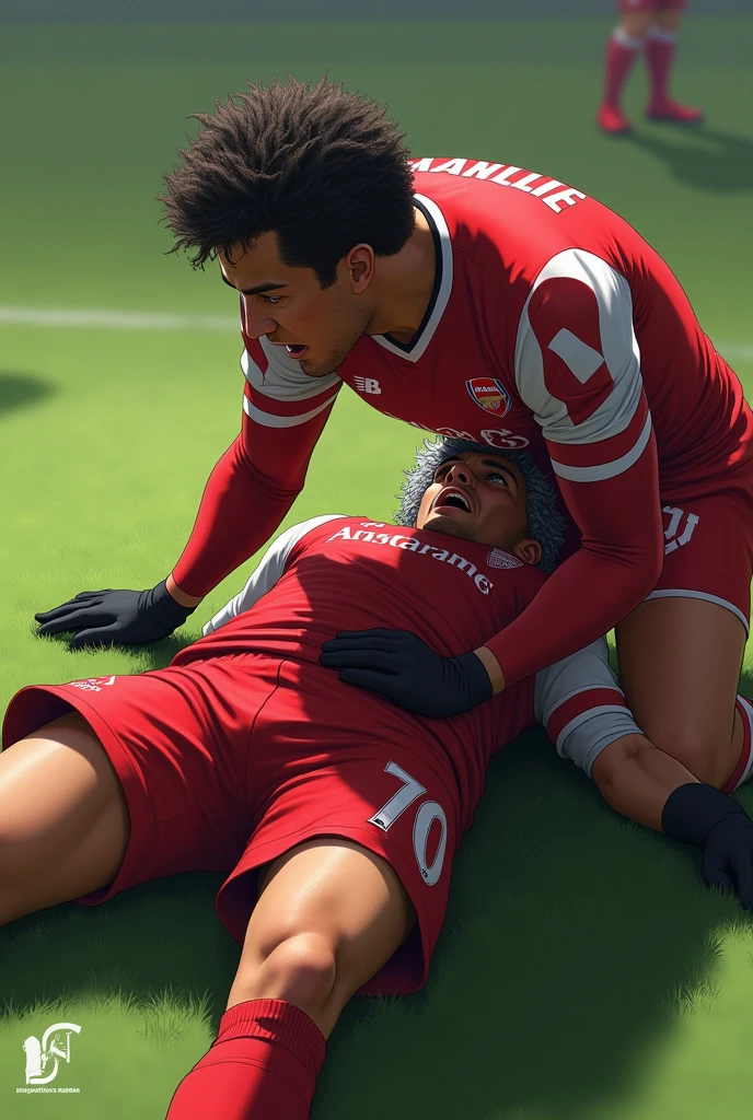 Arsenal player who wears number 7 and is called Cristaldo who wears long sleeves and has short curly silver hair lying on the grass while Liverpool player called Ramsay who wears number 70, long sleeves, black gloves and wavy hair looks at him with open arms