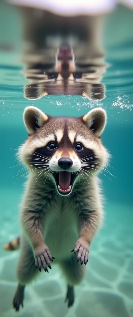 A captivating underwater photograph of a fluffy baby raccoon exuding both cuteness and playfulness. The little raccoon, submerged in a serene, crystal-clear pool, is growling with a mischievous grin, adding a touch of humor to the image. Soft, natural light filters through the water, creating a magical, ethereal atmosphere that wraps around the raccoon and the pool, highlighting every detail of the raccoon's fluffy fur and expressive face. The top-down shot captures the raccoon's unique underwater pose, while the lack of chaos in the scene emphasizes the sense of tranquility and harmony, creating a serene and enchanting moment., photo