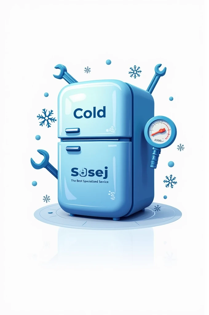 Logo in the shape of a refrigerator with snowflakes and cooling tools attached to the name of. Cold Susej and the slogan the best specialized service