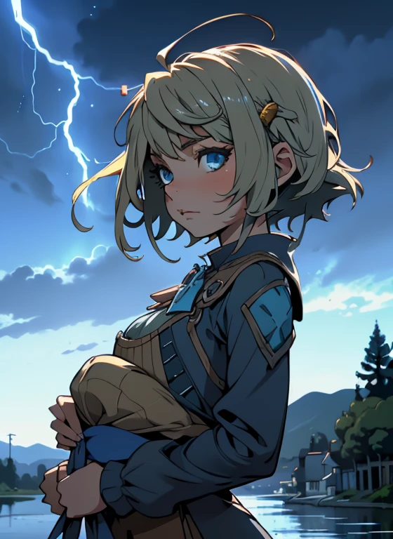 &Quot;((atelier)), perfect quality, plumpness, bulging, fully body, stunning beauty, Jeanfavonian, breasts small, (high quality anime), vred, blush, Standing on the street near the river next to the village, hands on the chest, Looking at the Viewer, without handles. shorth hair (((short bob hair blowing in the wind))), the background is simple and blue, and the gaze is directed downward at a low angle, a bright lightning bolt.