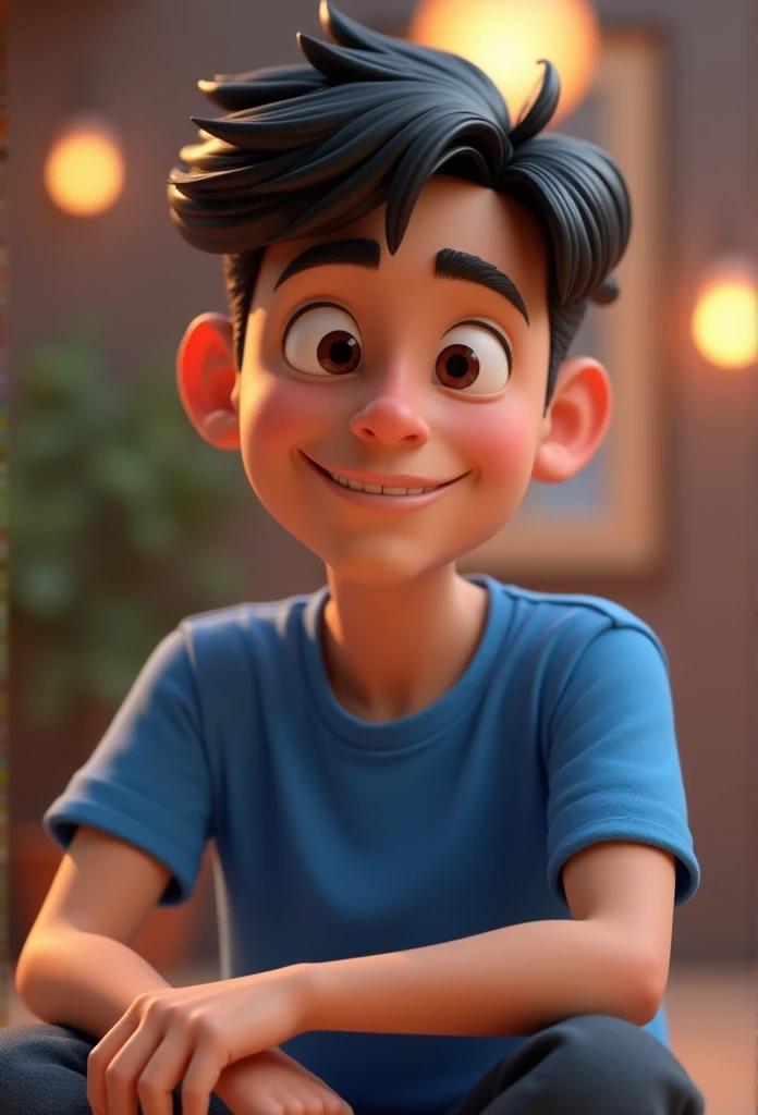 Cartoon character of a young dark-haired man in a blue shirt, an animated character, stylized character, animation style rendering, 3d stylized, Arnold Maya rendering, Stylized 3D rendering, toon render screenshot, 3d character, 3d character, Stylized 3D rendering, 3D character rendering, cartoon character, Personagem de close up, character posing, (Pixar-style) (master part:1.2) (bokeh) (best qualityer) (skin detailed) (detailed texture) (8k) (Argilla) (cinematic lighting) (sharp focus,Sit down and lift your upper body