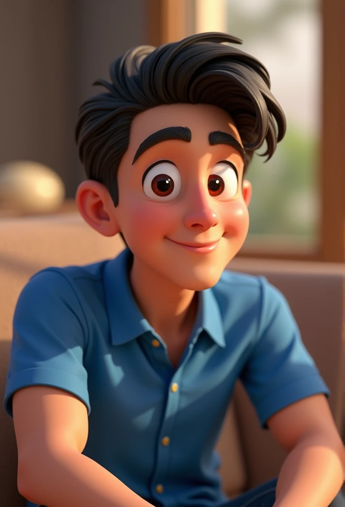 Cartoon character of a young dark-haired man in a blue shirt, an animated character, stylized character, animation style rendering, 3d stylized, Arnold Maya rendering, Stylized 3D rendering, toon render screenshot, 3d character, 3d character, Stylized 3D rendering, 3D character rendering, cartoon character, Personagem de close up, character posing, (Pixar-style) (master part:1.2) (bokeh) (best qualityer) (skin detailed) (detailed texture) (8k) (Argilla) (cinematic lighting) (sharp focus，Sit down and lift your upper body